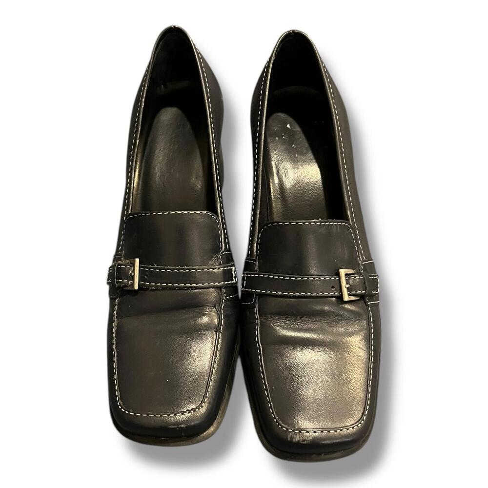 Vintage Y2K Navy Bass Loafer Block Heel Womens Shoe‎ 7 Slip On Buckle Square Toe